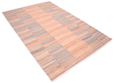 Angled view of stripped modern kilim wth soft pastel colours of apricot, cream and blue greys. Woven on a cotton foundation and white fringes.