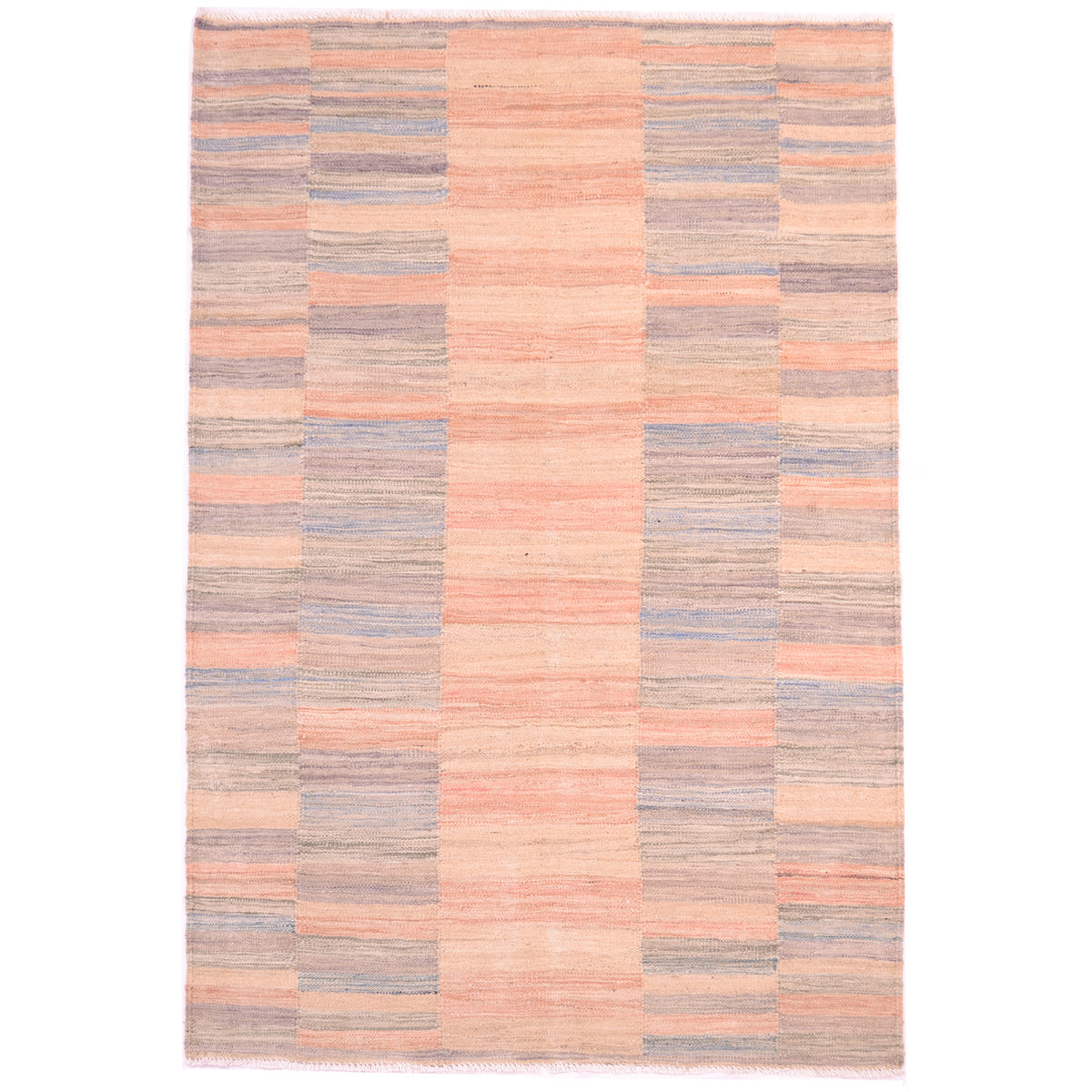 Modern design Pastel Abrash Kilim with 5 columns of stripes in soft colours  of coral pinks, blues, soft greys and apricot tones