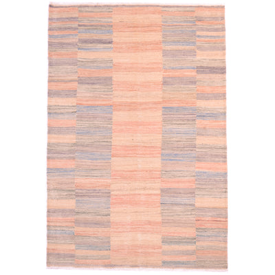 Modern design Pastel Abrash Kilim with 5 columns of stripes in soft colours  of coral pinks, blues, soft greys and apricot tones