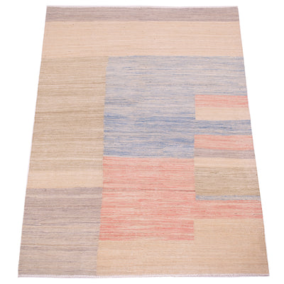 Assymetric block design of a handmade kilim from Afghanistan with coral pinks, light blues, creams and soft greys