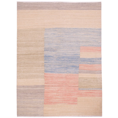 Handwoven Afghan Modern Pastel Kilim rug with contemporary pattern in soft shades of blue, pink, green, grey and beige.