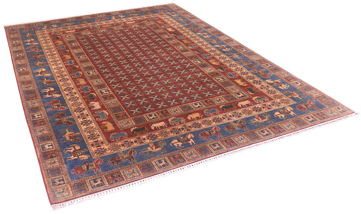 A traditional oriental-style Handmade Afghan Pazyryk carpet with a red central field, blue borders, and beige details, shown from an elevated angle on a white background.