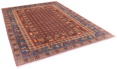 A traditional oriental-style Handmade Afghan Pazyryk carpet with a red central field, blue borders, and beige details, shown from an elevated angle on a white background.