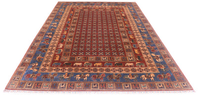 A tHandmade Afghan Pazyryk carpet with a dark red central field, blue borders, and beige and brown motifs, shown flat against a white background.