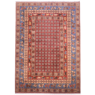 Handwoven Afghan Pazyryk carpet made with hand-knotted wool pile. Red centre with all over design surrounded by borders of processions of elks & riders on horseback.