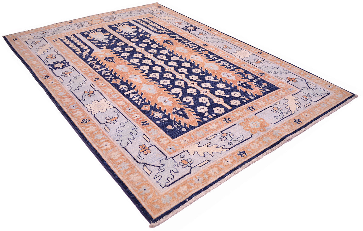 Handmade Pictorial Afghan Rug with a traditional oriental design, featuring a navy blue central field, peach and pale blue borders, and intricate floral motifs.