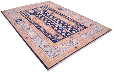 Handmade Pictorial Afghan Rug with a traditional oriental design, featuring a navy blue central field, peach and pale blue borders, and intricate floral motifs.