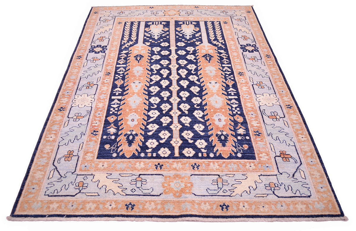 A 200x150cm rectangular Handmade Pictorial Afghan Rug with a traditional geometric pattern, featuring a navy blue central field, peach and light blue borders, and light grey corner sections, shown flat against a white background.