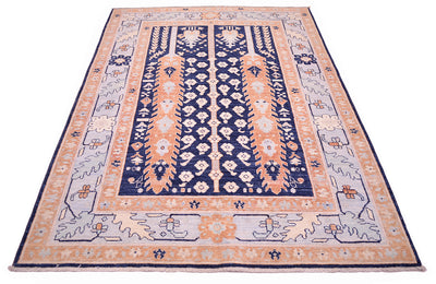 A 200x150cm rectangular Handmade Pictorial Afghan Rug with a traditional geometric pattern, featuring a navy blue central field, peach and light blue borders, and light grey corner sections, shown flat against a white background.