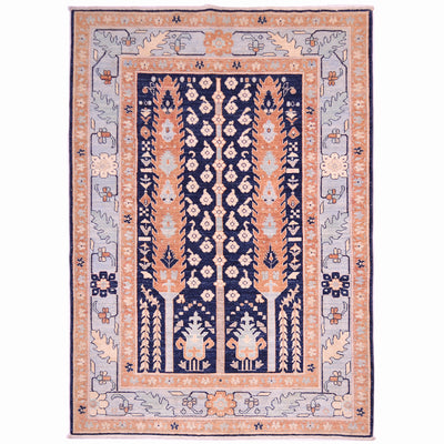 Handmade Pictorial Afghan Rug with Cypress tree design in rust set on a navy ground, and light blue border.