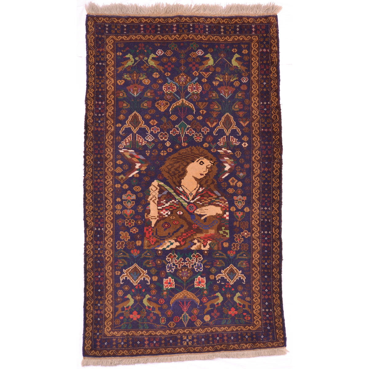 Handwoven Afghan Pictorial old Belouch rug depicting a portrait of a young woman on a dark blue ground surrounded with geometric floral motifs and birds.