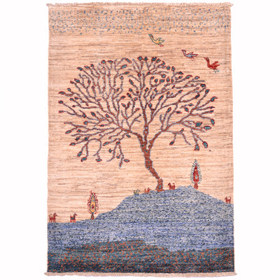 Pictorial Loribaft small rug with tree design set on a blue mountain top set against a neutral beige sky with a trio of birds in flight.