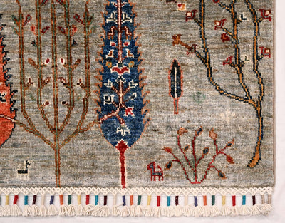 Grey Loribaft Afghan rug corner detail with tree design, multicolour accents, and short fringe ends