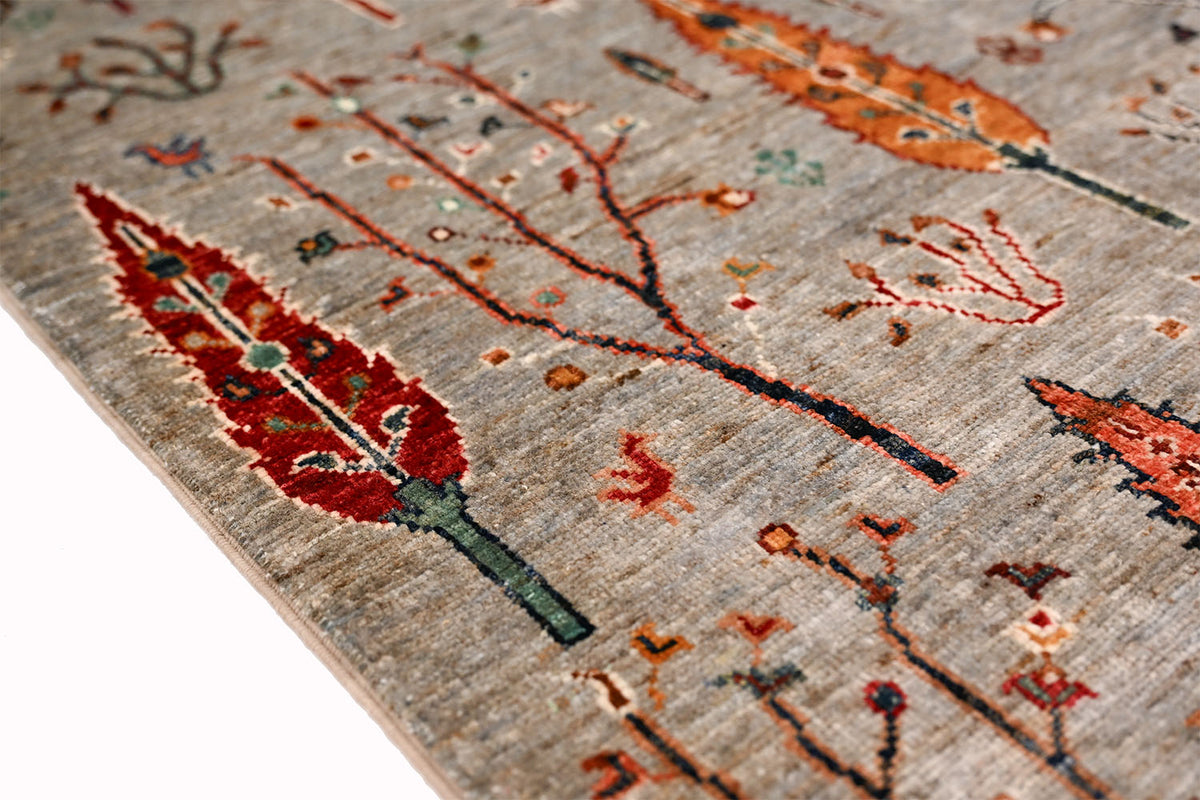 Grey Afghan Loribaft pictorial rug close-up with tree-lined pattern in orange, blue, red, and green accents