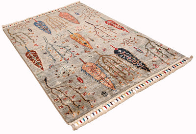 Slivery-grey pictorial Loribaft rug with tree motifs and multicolour accents, fringed edges