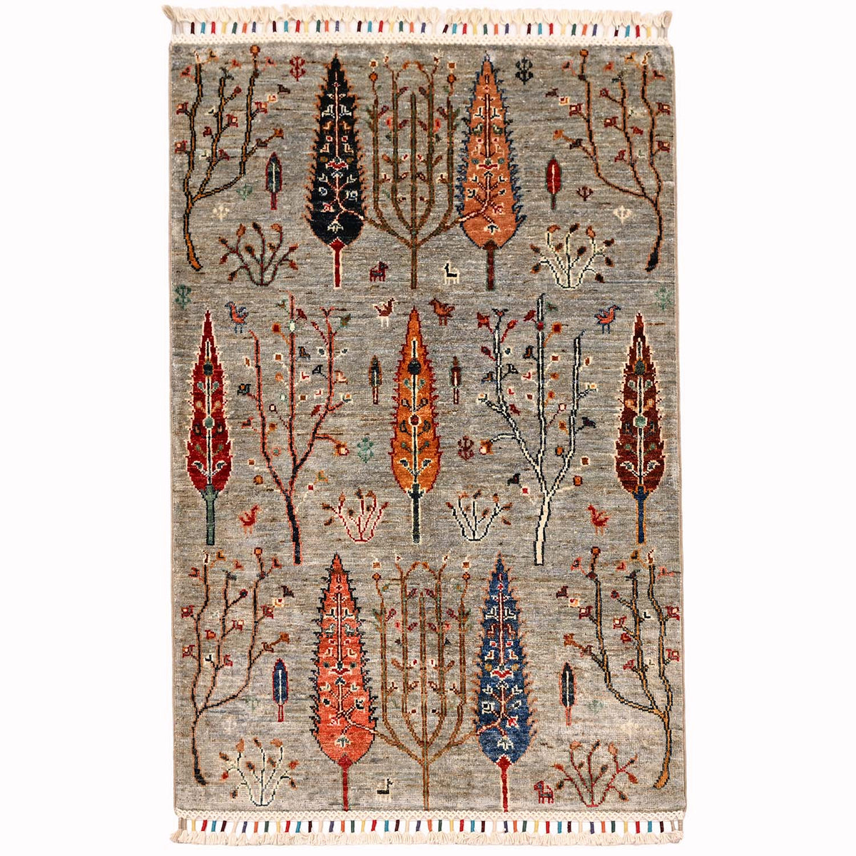 Grey pictorial Loribaft rug with dense tree pattern and multicolor vertical accents, fringed