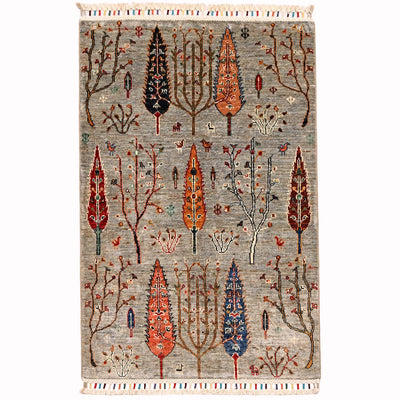 Grey pictorial Loribaft rug with dense tree pattern and multicolor vertical accents, fringed