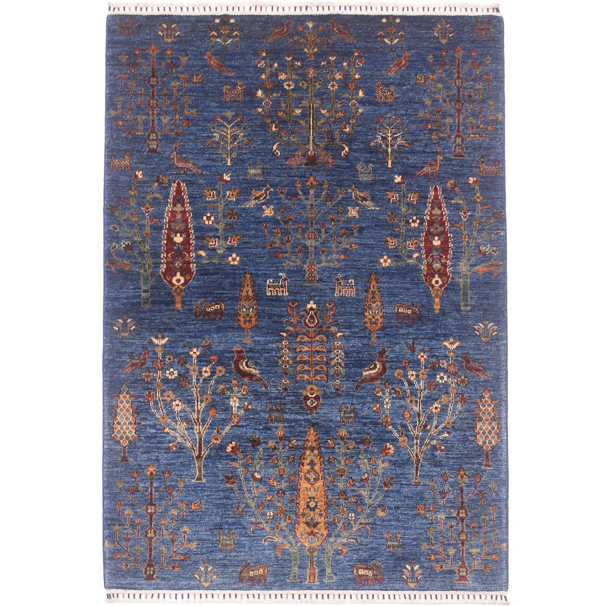 Pictorial blue Loribaft Rug with design of trees, birds and wandering elks.