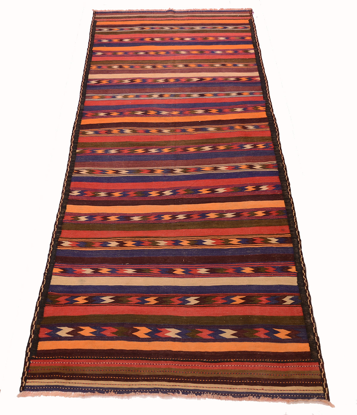 A long rectangular handwoven Qala-i-Nau Kilim wide runner rug with horizontal geometric stripes in red, orange, blue, brown, black, and cream, shown flat against a white background.