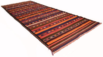 Angled image of Qala-i-Nau Kilim wide runner with striped design.