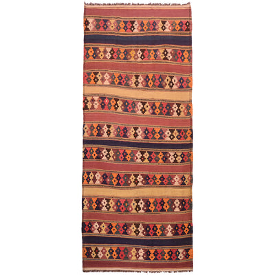 Old Afghan Kilim wide runner with bands of plain weave interspersed by patterned bands of design.