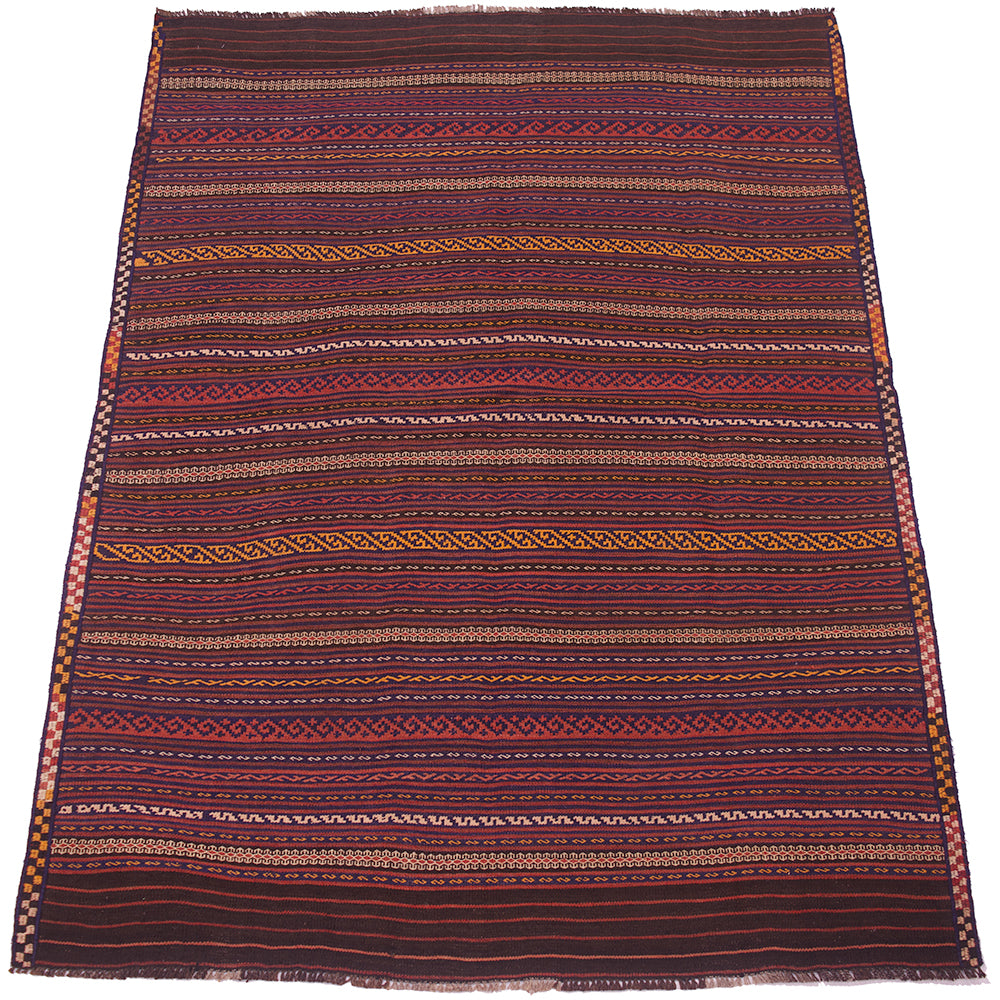 Vintage Kilim rug with burgundy stripes, navy accents, and repeating small geometric motifs