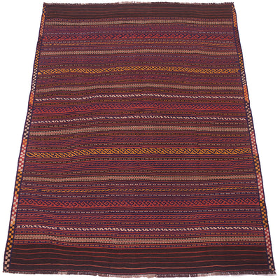 Vintage Kilim rug with burgundy stripes, navy accents, and repeating small geometric motifs