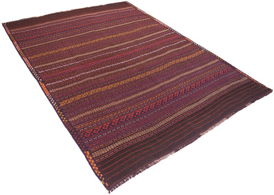 Vintage Kilim rug, dark red and navy, angled view showing striped pattern and thin border