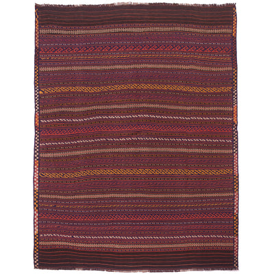 Vintage Kilim rug in dark red with horizontal stripes and geometric border patterns