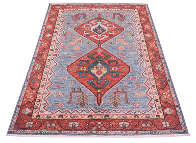 A traditional hand-knotted Afghan wool Qashqai design rug with a central blue field, red diamond medallions, and a patterned border, shown flat against a white background.