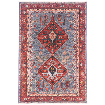 Handmade Qashqai design rug with double medallion design on a light denim blue field with rust-red medallions & border.