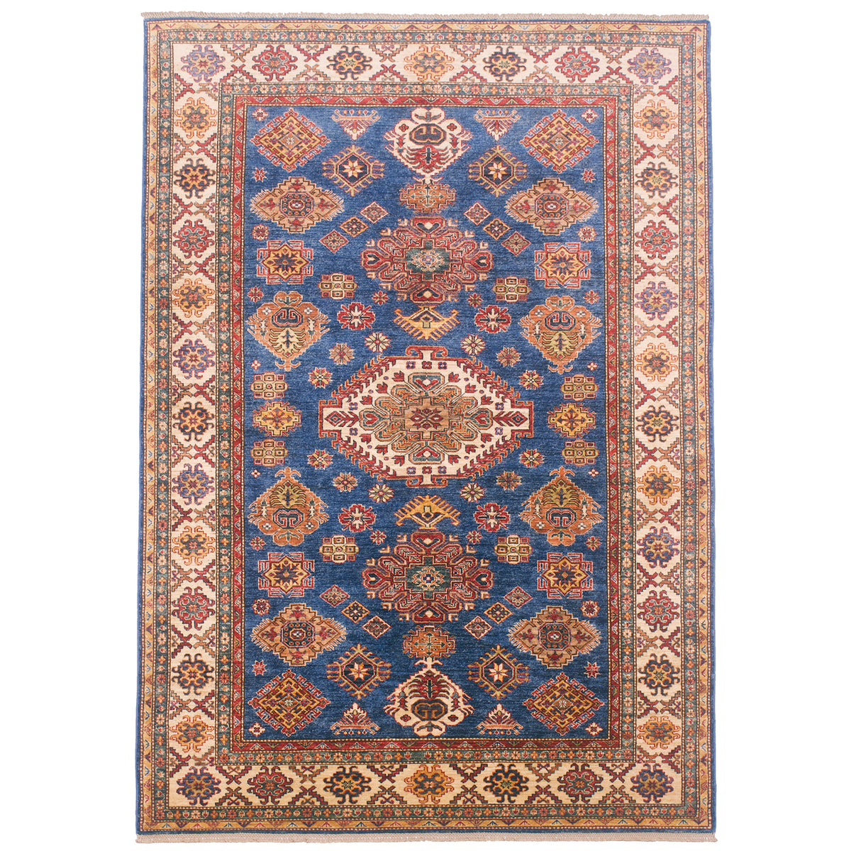 Handmade Afghan fine Kazak carpet (blue ground) with geometric design on a mid-blue field with cream main border.