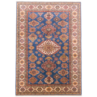 Handmade Afghan fine Kazak carpet (blue ground) with geometric design on a mid-blue field with cream main border.