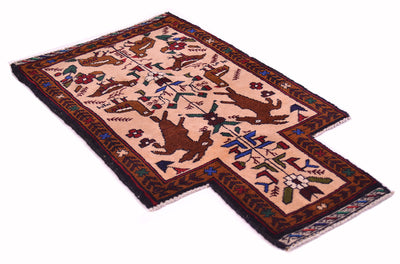 A hand-knotted wool Belouch Salt bag face mat/rug with a beige centre field featuring brown hares, birds and floral motifs, surrounded by a dark brown and red patterned border, shown on a plain white background.