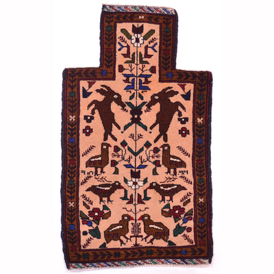 Belouch Salt bag face with theme of birds and prancing hares on a beige ground.