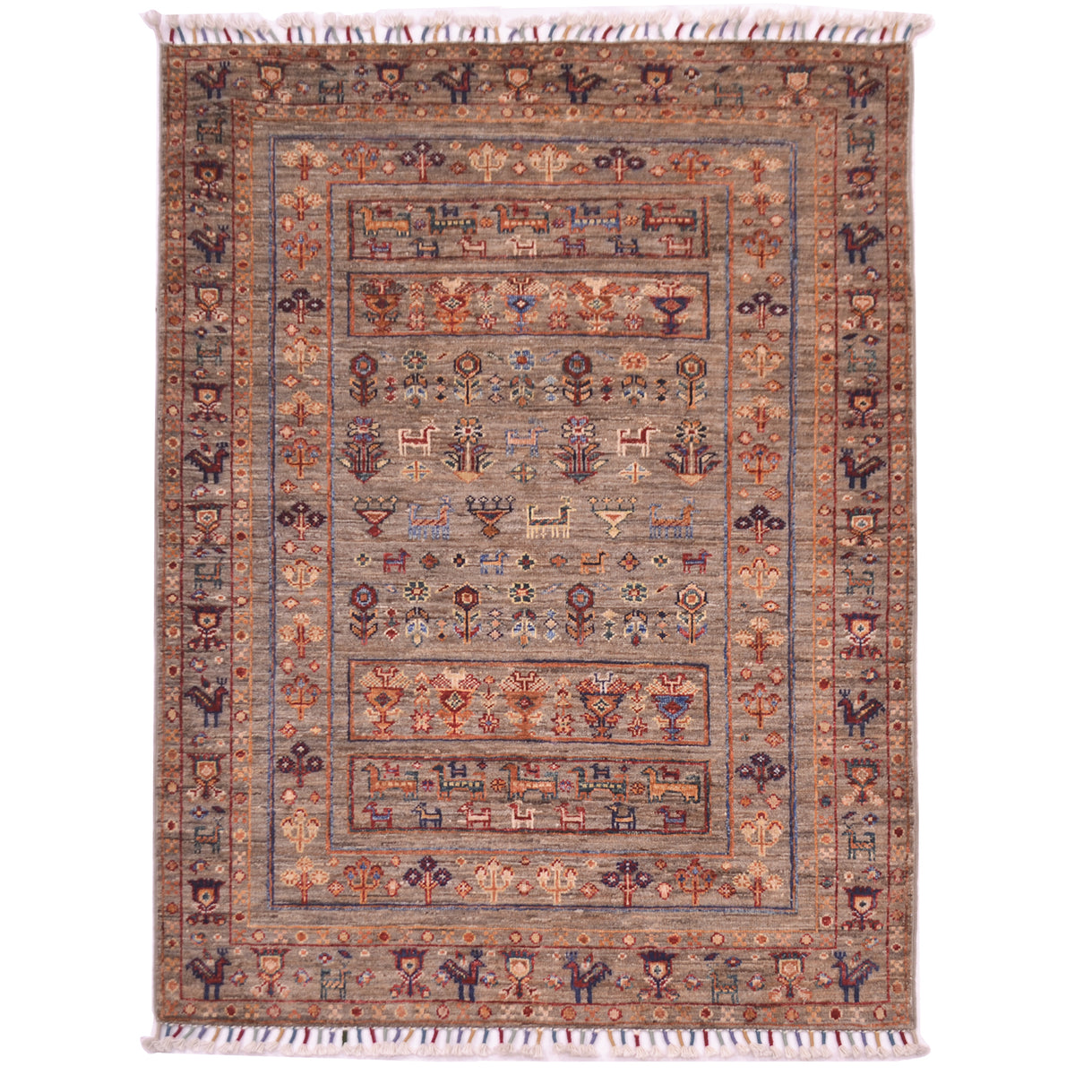 Fine Afghan Samarkand rug with neutral grey-brown main colour with design of animals, amulets and plants.