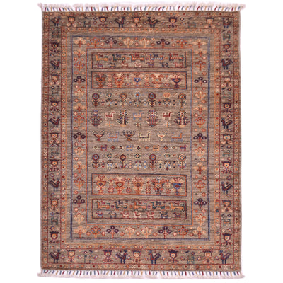 Fine Afghan Samarkand rug with neutral grey-brown main colour with design of animals, amulets and plants.