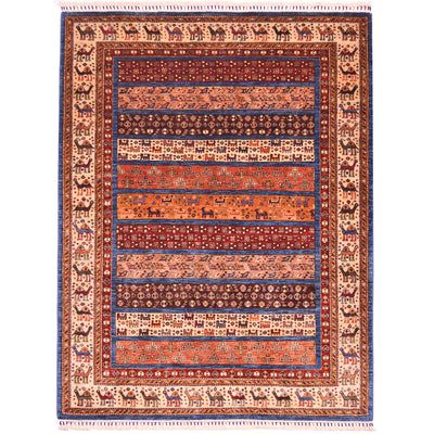 Afghan Samarkand rug with multicolour geometric design which includes animal motifs.