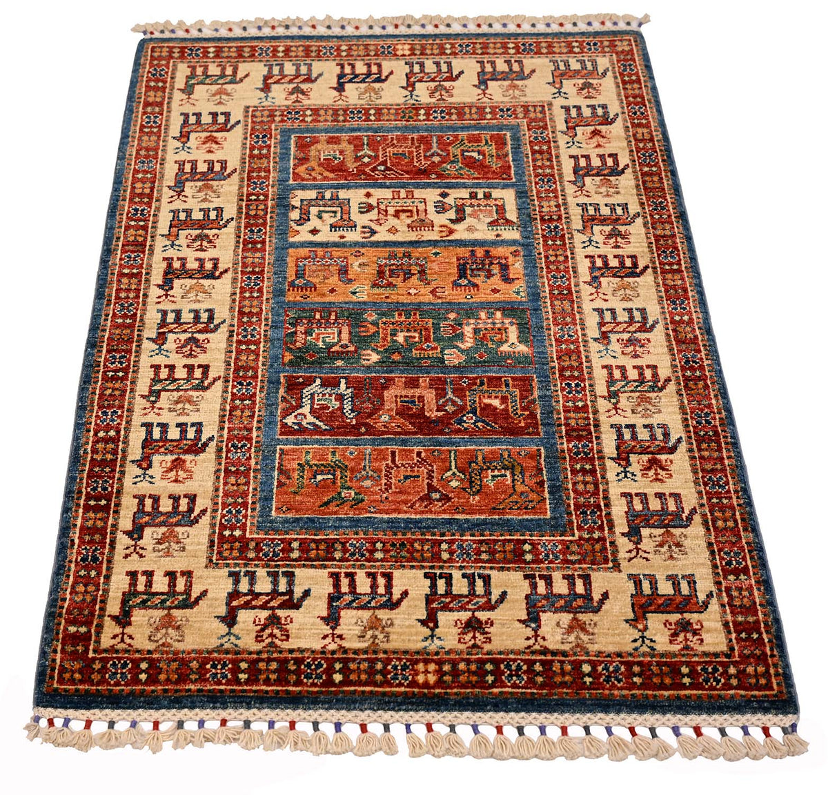 Small rug with red border, blue inner panel, and cream central medallion