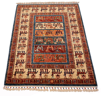 Small rug with red border, blue inner panel, and cream central medallion