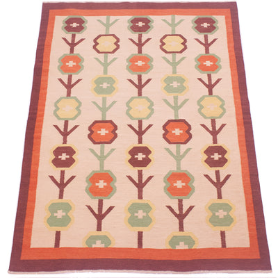 A 8x6 Scandinavian style Kilim rug with a mid-century modern floral pattern, featuring a cream background, orange, green, and brown motifs, and a wide rust-orange border.