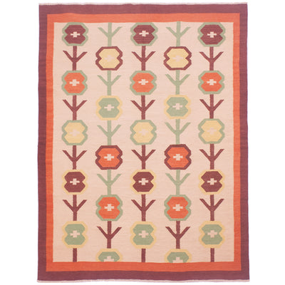 Scandinavian style Kilim rug with cream field of floral motifs in green, yellow, orange and brown bordered by a plain orange and brown surround.