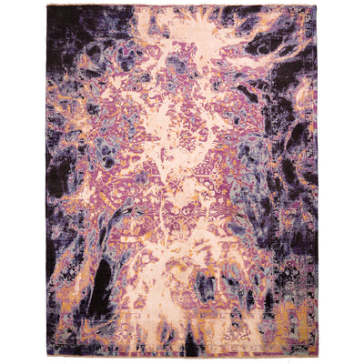 Seismic large abstract carpet with fragmented explosive modern design with colours of black, indigo,mauve,  light and mid blue, and gold yellow and whites. Handknotted wool and art silk viscose pile. 