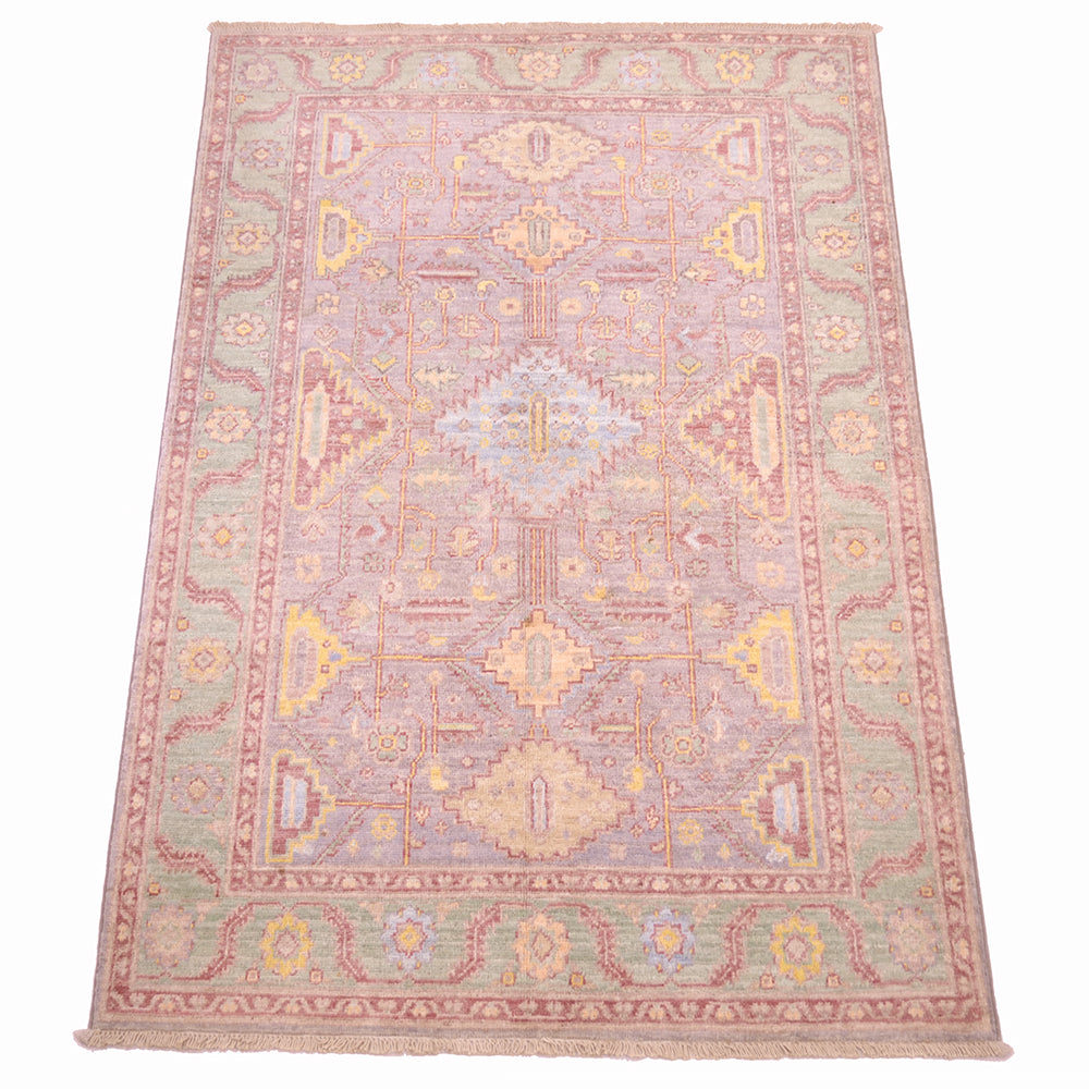 Handknotted geometric Serapi design rug with a light grey main field and light green border background. All over field with geometric format. 