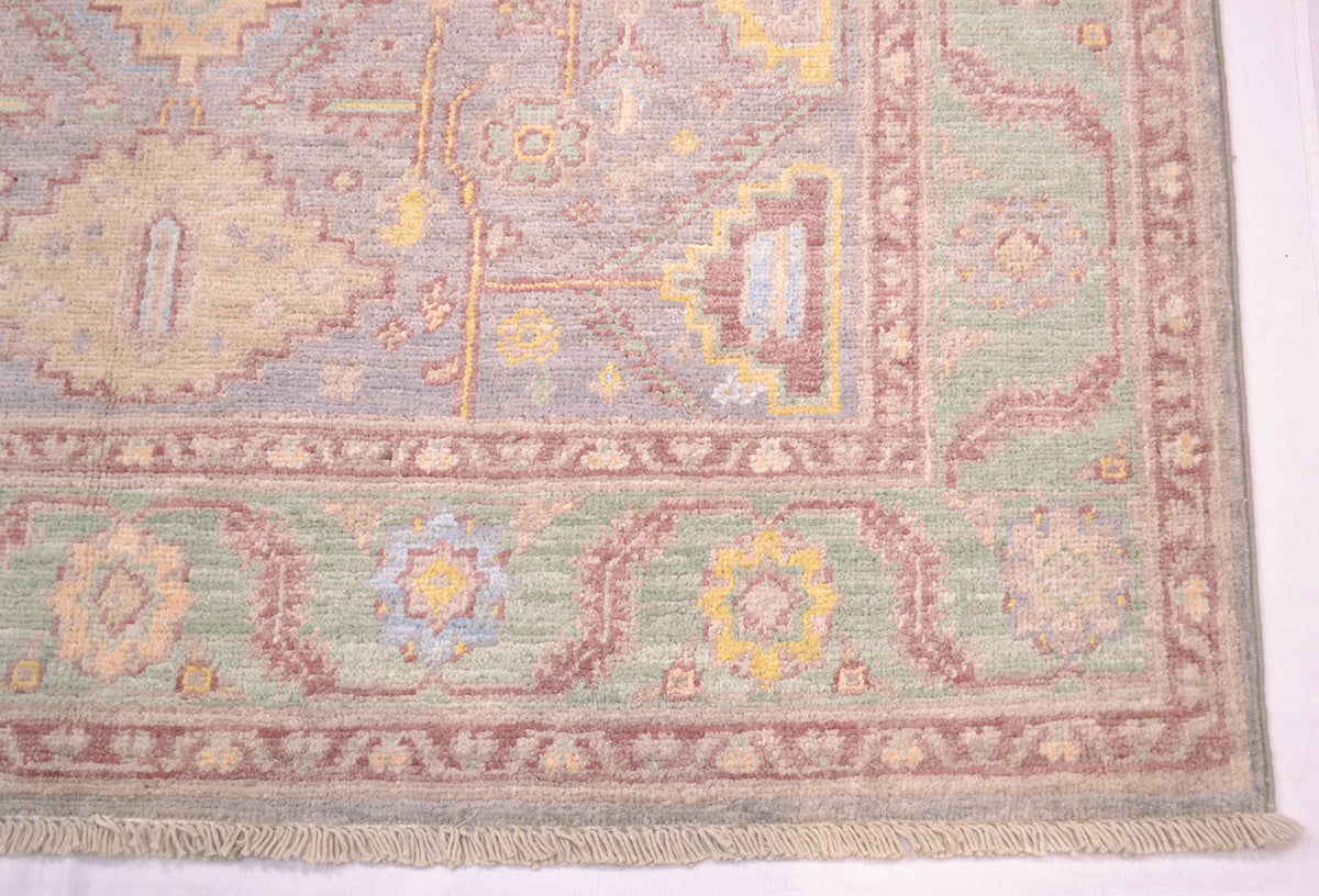 Corner of Afghan Serapi rug with soft green border with soft blue, yellow and red ornamentation. Woven on cotton warps.