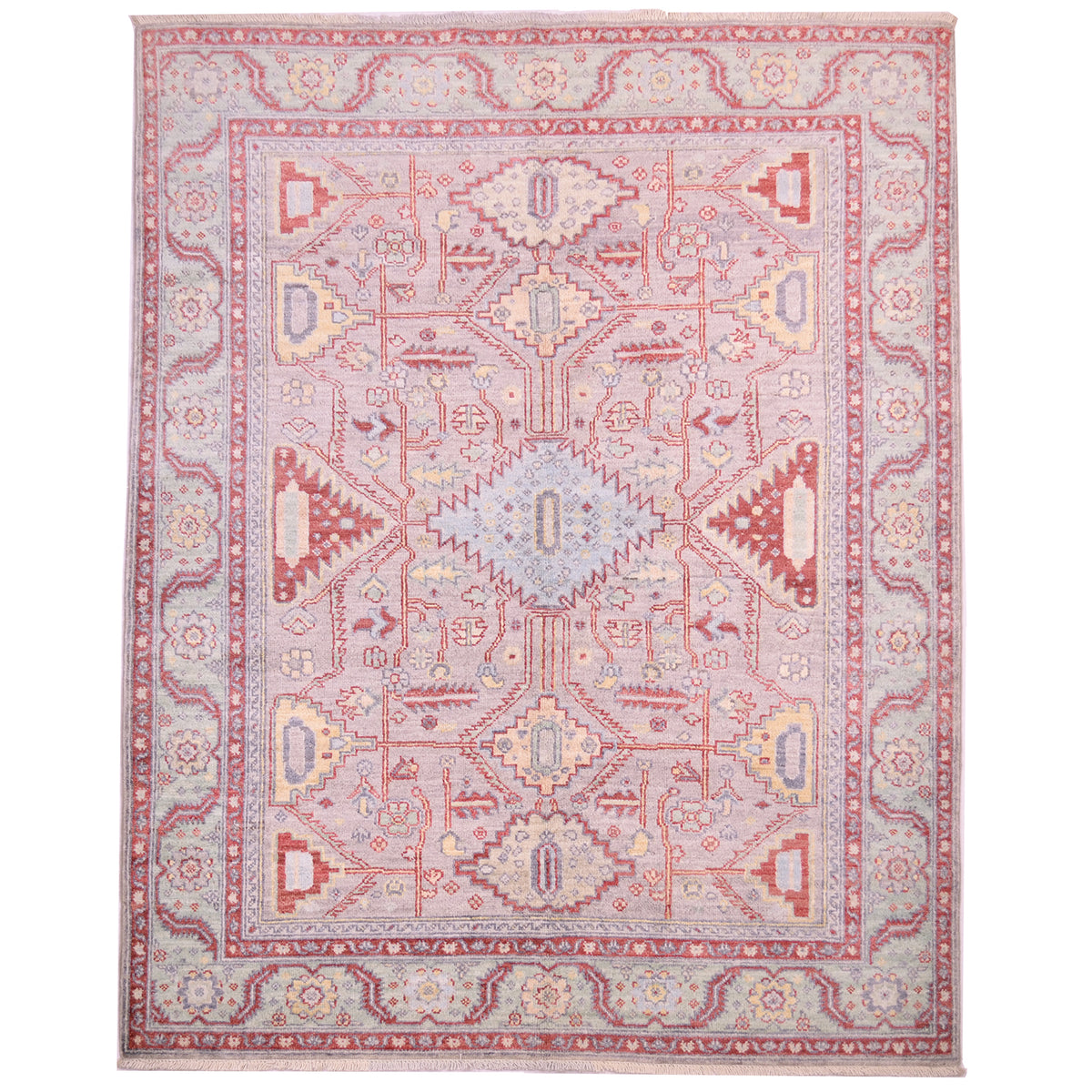Hand-knotted wool pile Afghan grey Serapi rug with geometric design, other colours include soft red, light blue, yellow and light green.