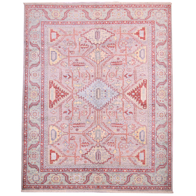 Hand-knotted wool pile Afghan grey Serapi rug with geometric design, other colours include soft red, light blue, yellow and light green.