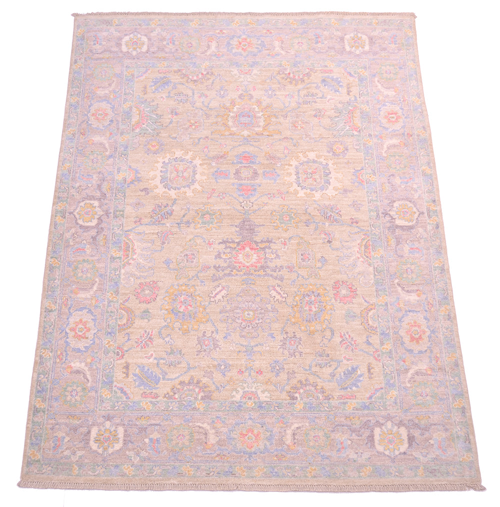 Soft hued Afghan handknotted rug with pastel-like colours and accents of blue, cream, gold and golden yellows. PUre wool pile.