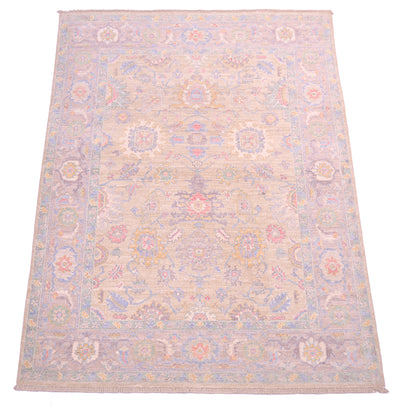 Soft hued Afghan handknotted rug with pastel-like colours and accents of blue, cream, gold and golden yellows. PUre wool pile.