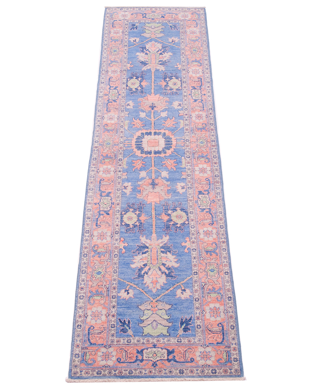 Handwoven runner with Serapi design with lobed medallion and floral appendages with sky blue field and pink background border. 